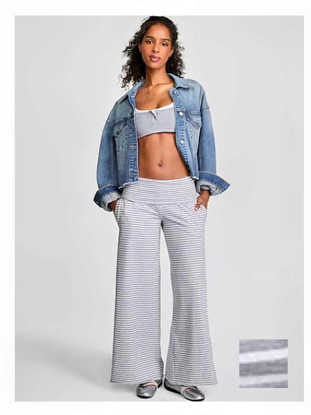 PINK All-Day Cotton Foldover Wide-Leg Pants Gray & White